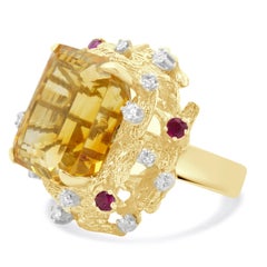 14 Karat Yellow Gold Citrine, Ruby, and Diamond Cocktail Ring