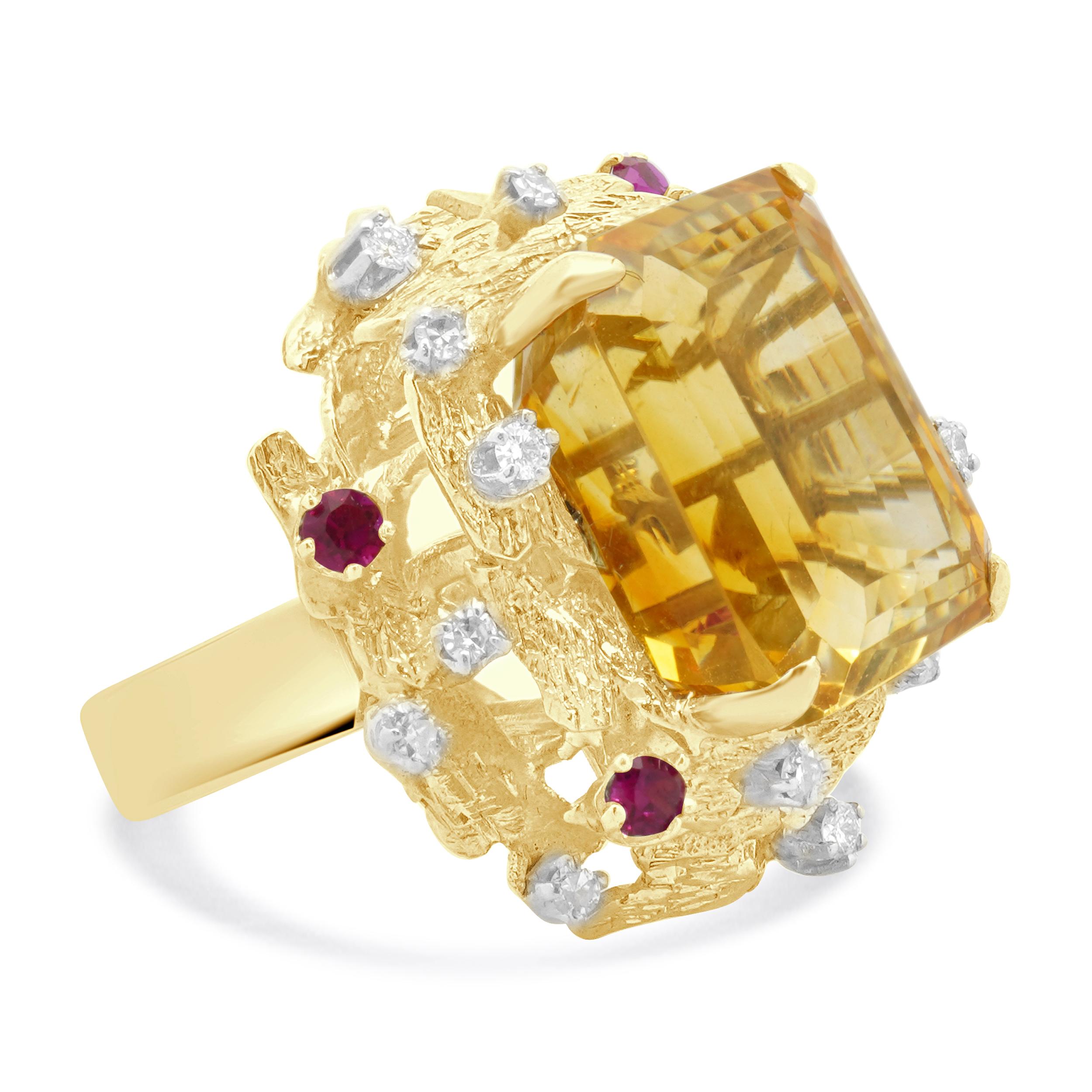 Bague cocktail en or jaune 14 carats avec citrine, rubis et diamant Excellent état - En vente à Scottsdale, AZ