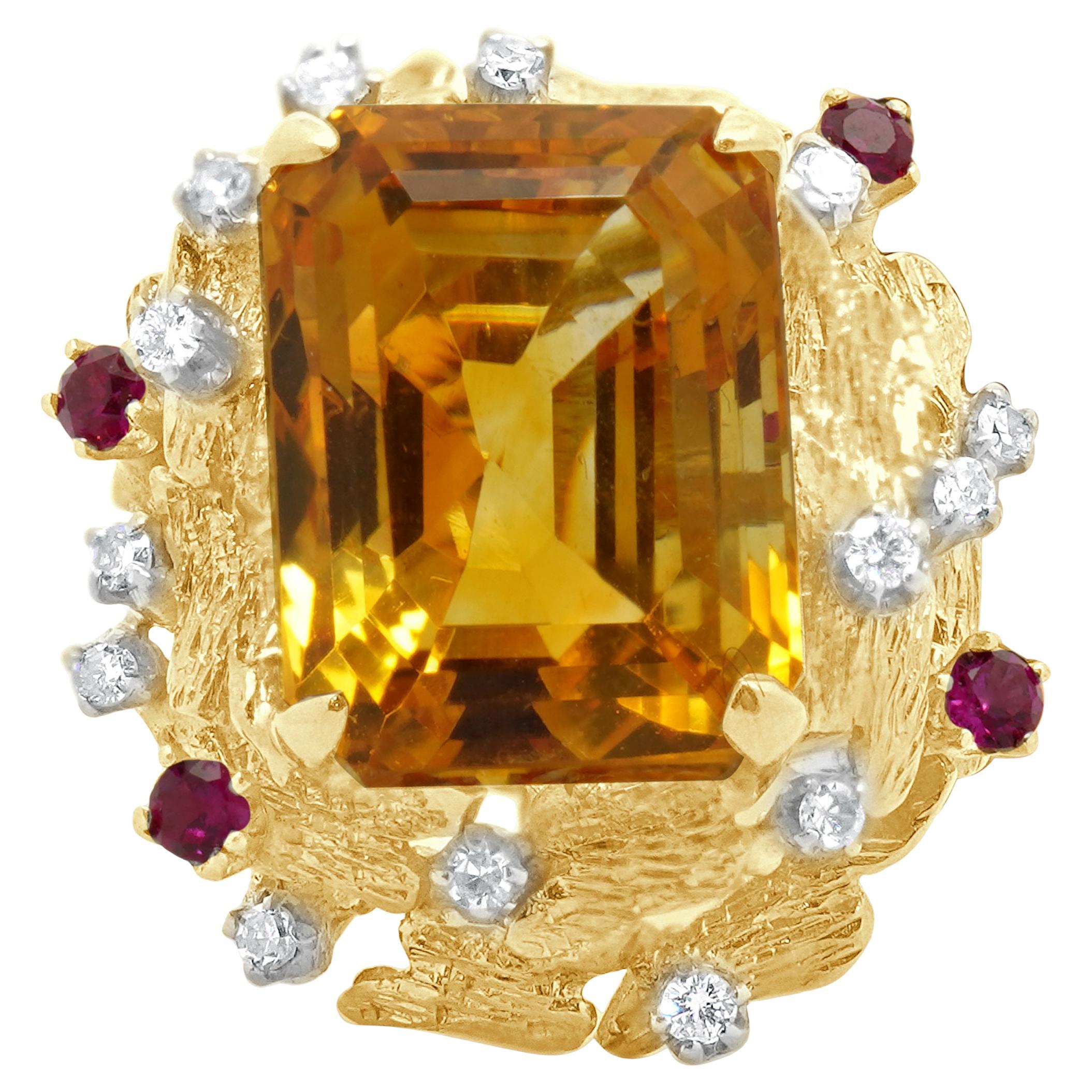 Anello cocktail in oro giallo 14 carati con citrino, rubino e diamanti