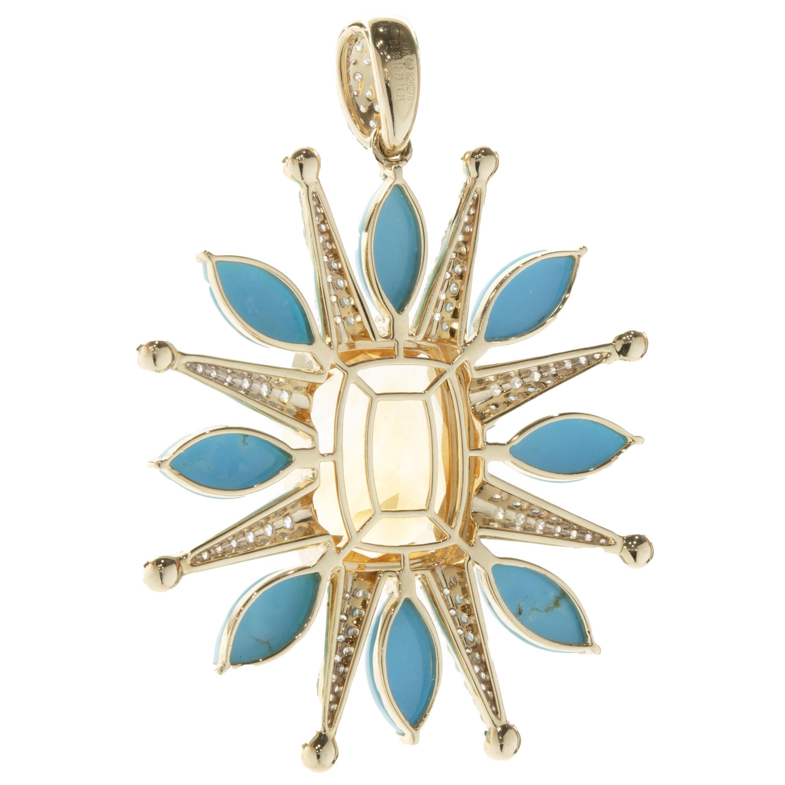 Cushion Cut 14 Karat Yellow Gold Citrine, Turquoise, and Pave Diamond Celestial Star Pendant For Sale