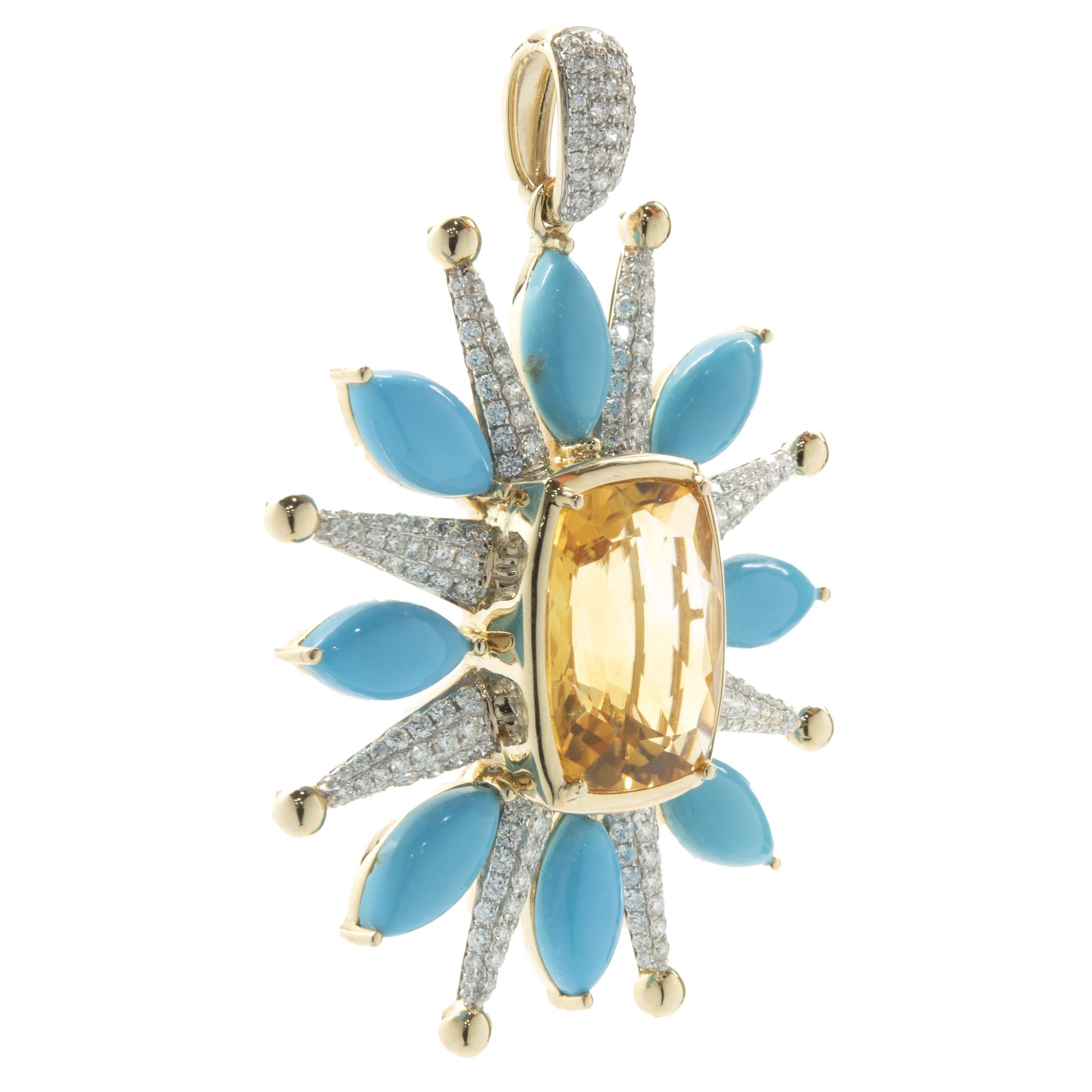 14 Karat Yellow Gold Citrine, Turquoise, and Pave Diamond Celestial Star Pendant In Excellent Condition For Sale In Scottsdale, AZ