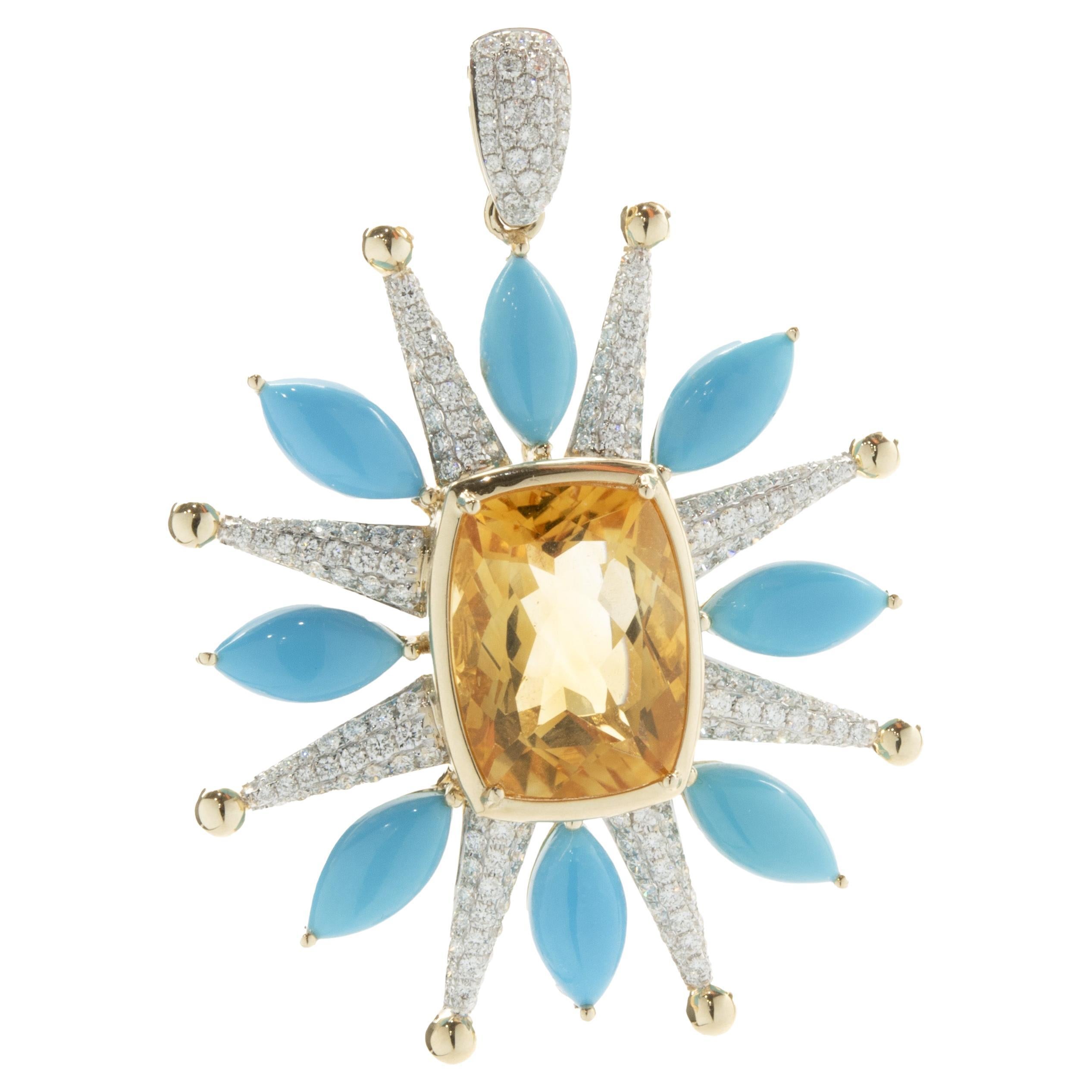 14 Karat Yellow Gold Citrine, Turquoise, and Pave Diamond Celestial Star Pendant For Sale