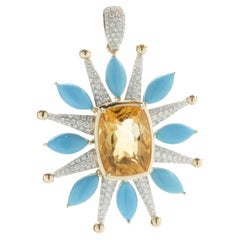 14 Karat Yellow Gold Citrine, Turquoise, and Pave Diamond Celestial Star Pendant