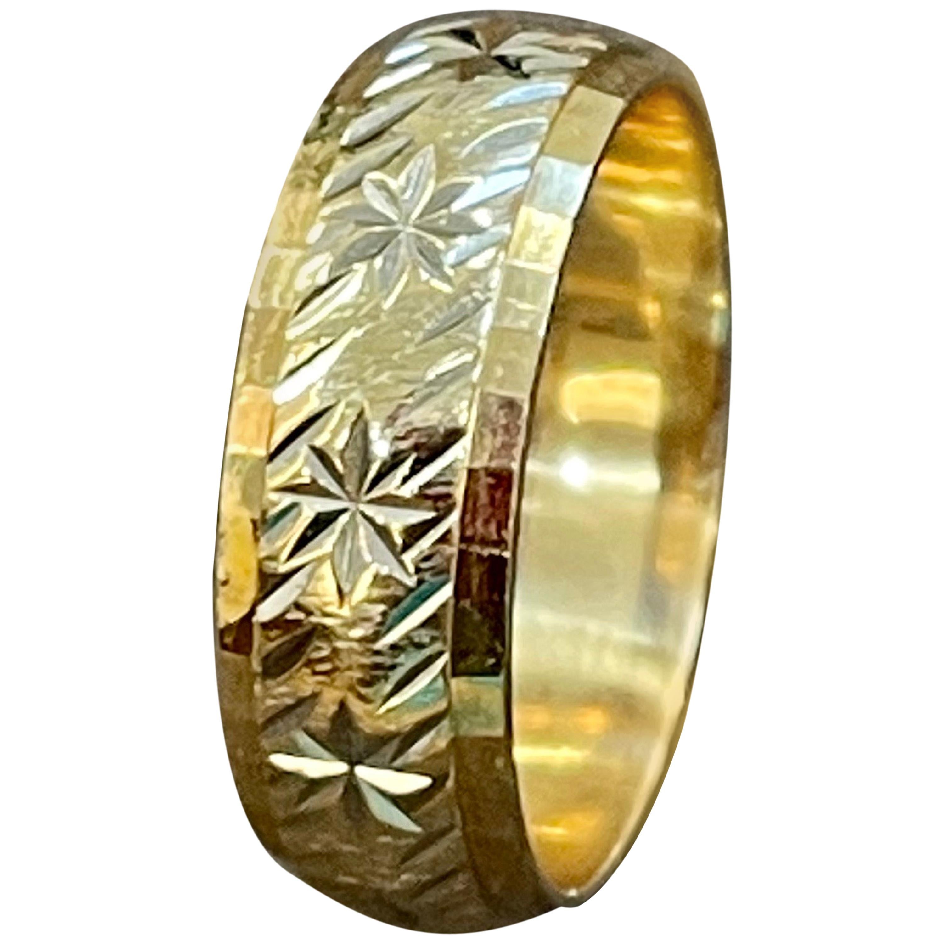 14 Karat Yellow Gold Classic Wide Star Wedding Band With Design Ring, Unisex