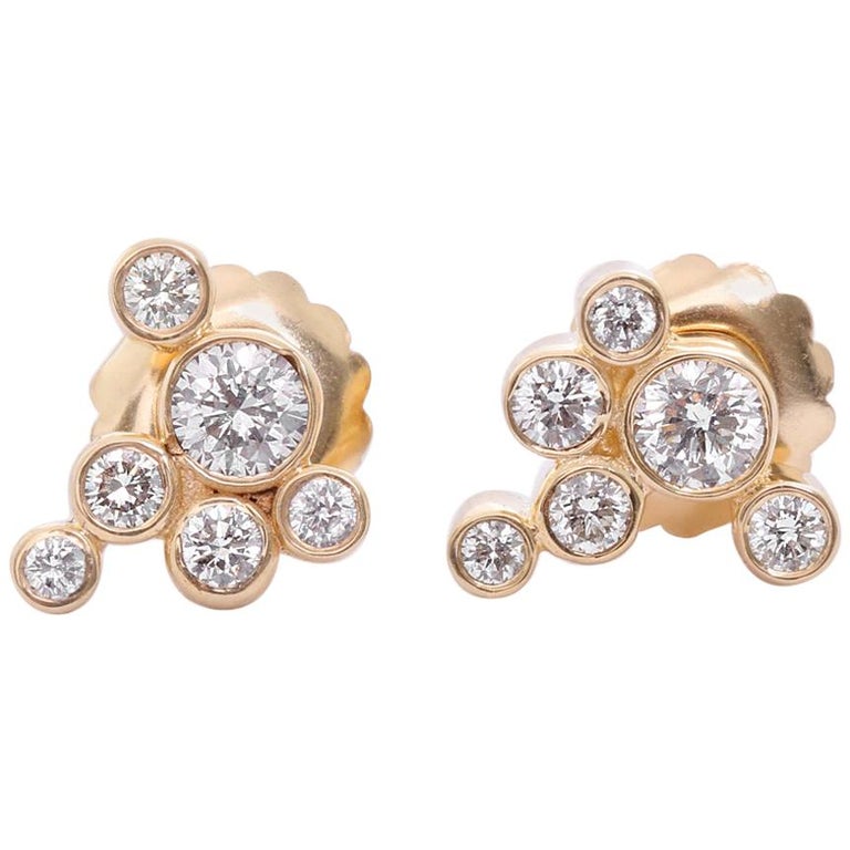 14 Karat Yellow Gold Cluster Diamond Earrings For Sale