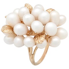 Retro 14 Karat Yellow Gold Cluster Pearl and Gold Leaf Estate Ring