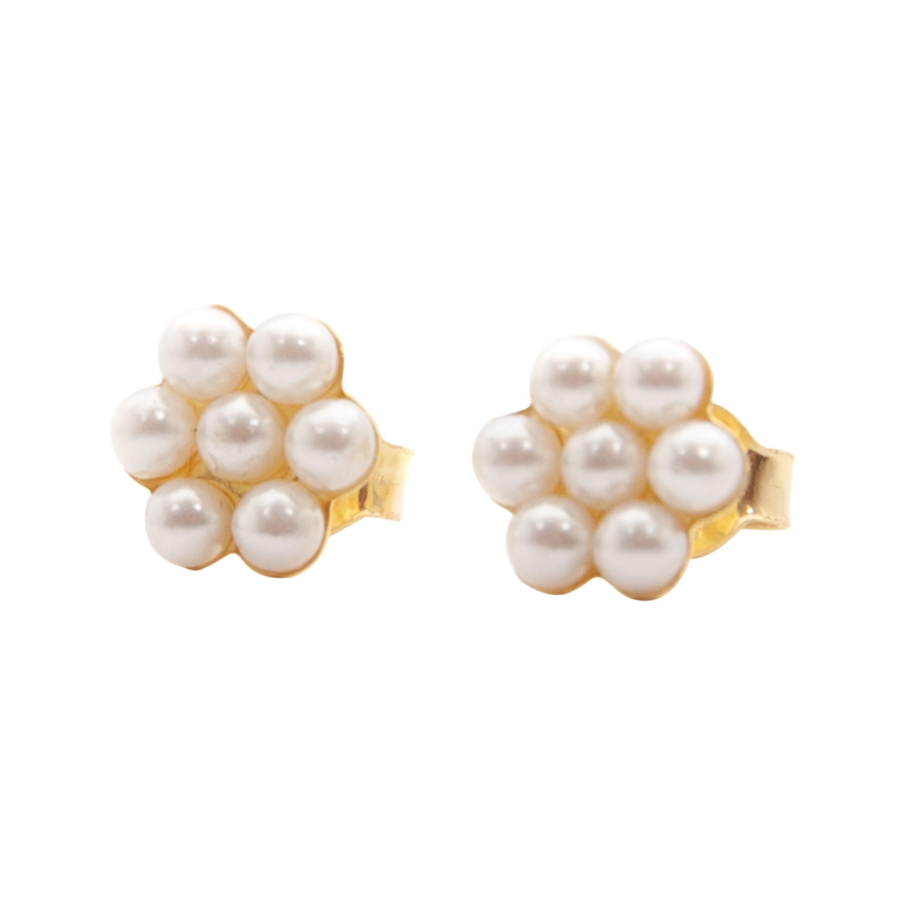 Mid-Century Cultured Pearls 9 Karat Gold Stud Earrings