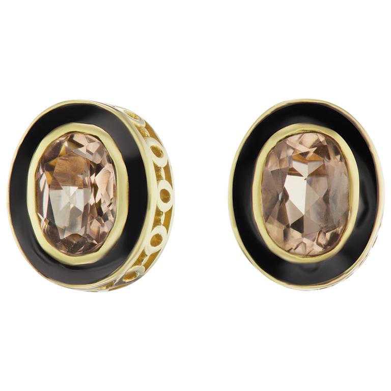 Pendiente de oro amarillo de 14 quilates con esmalte de carbón y topacio ahumado en venta