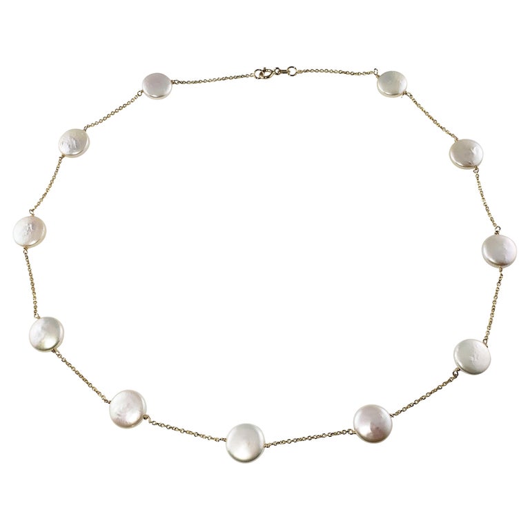 14 Karat Yellow Gold Coin Pearl Necklace For Sale at 1stDibs
