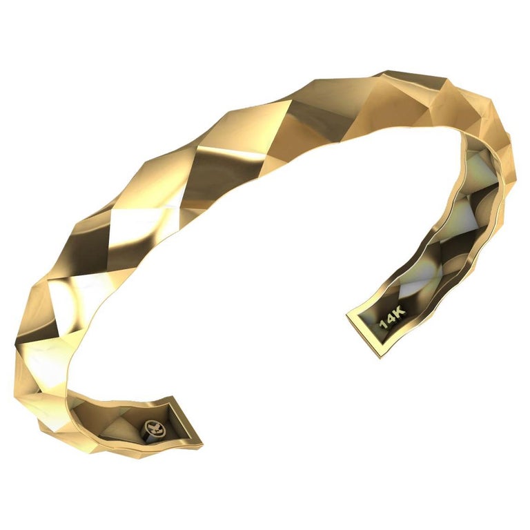 14 Karat Yellow Gold Concave Rhombus Unisex Cuff Bracelet For Sale at