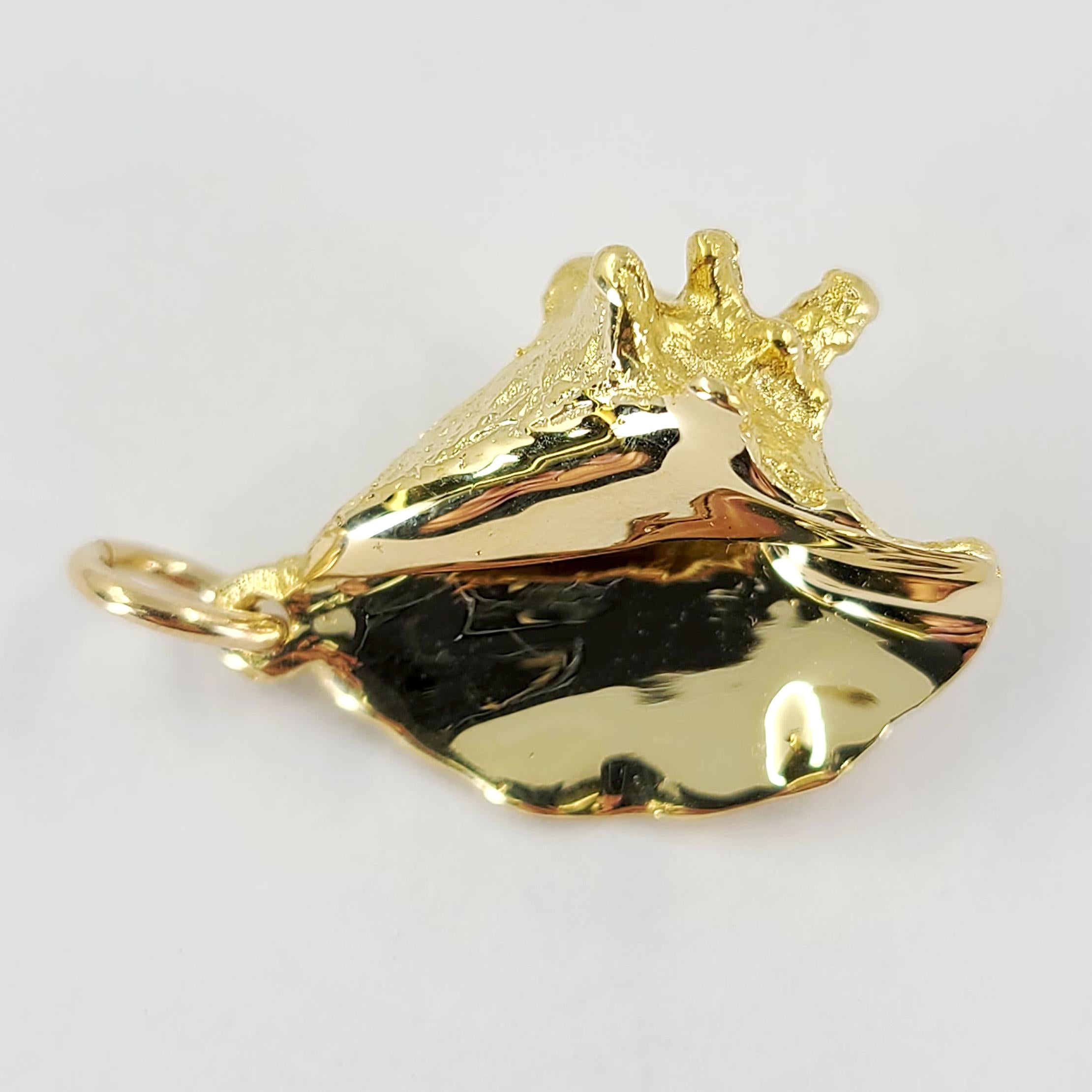 14 Karat Gelbgold Conch Shell Charm mit strukturierter Oberfläche. Fertiges Gewicht ist 9,0 Gramm. 1,25 Zoll lang.