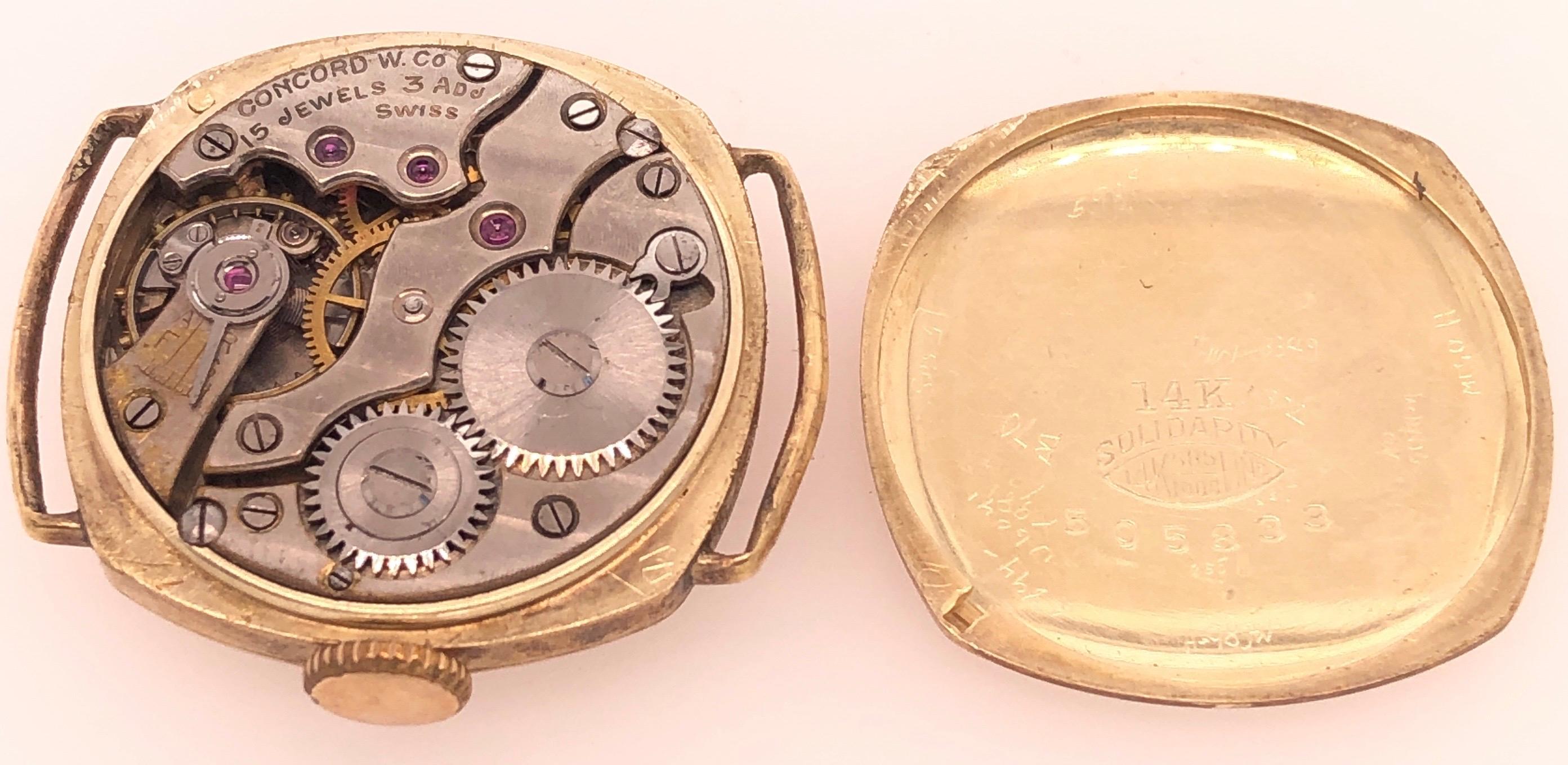 14 Karat Yellow Gold Concord Watch Head Fancy Art Deco Style Dial In Good Condition For Sale In Stamford, CT