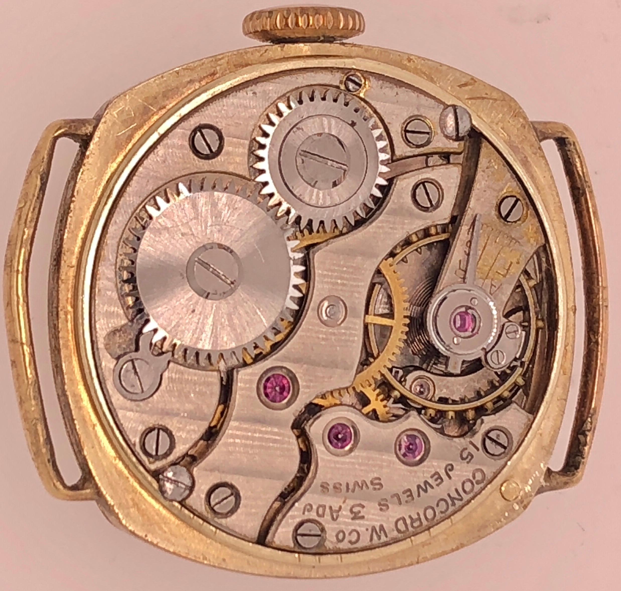Women's or Men's 14 Karat Yellow Gold Concord Watch Head Fancy Art Deco Style Dial For Sale