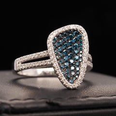14 Karat Yellow Gold Contemporary Abstract Blue and White Diamond Cocktail Ring