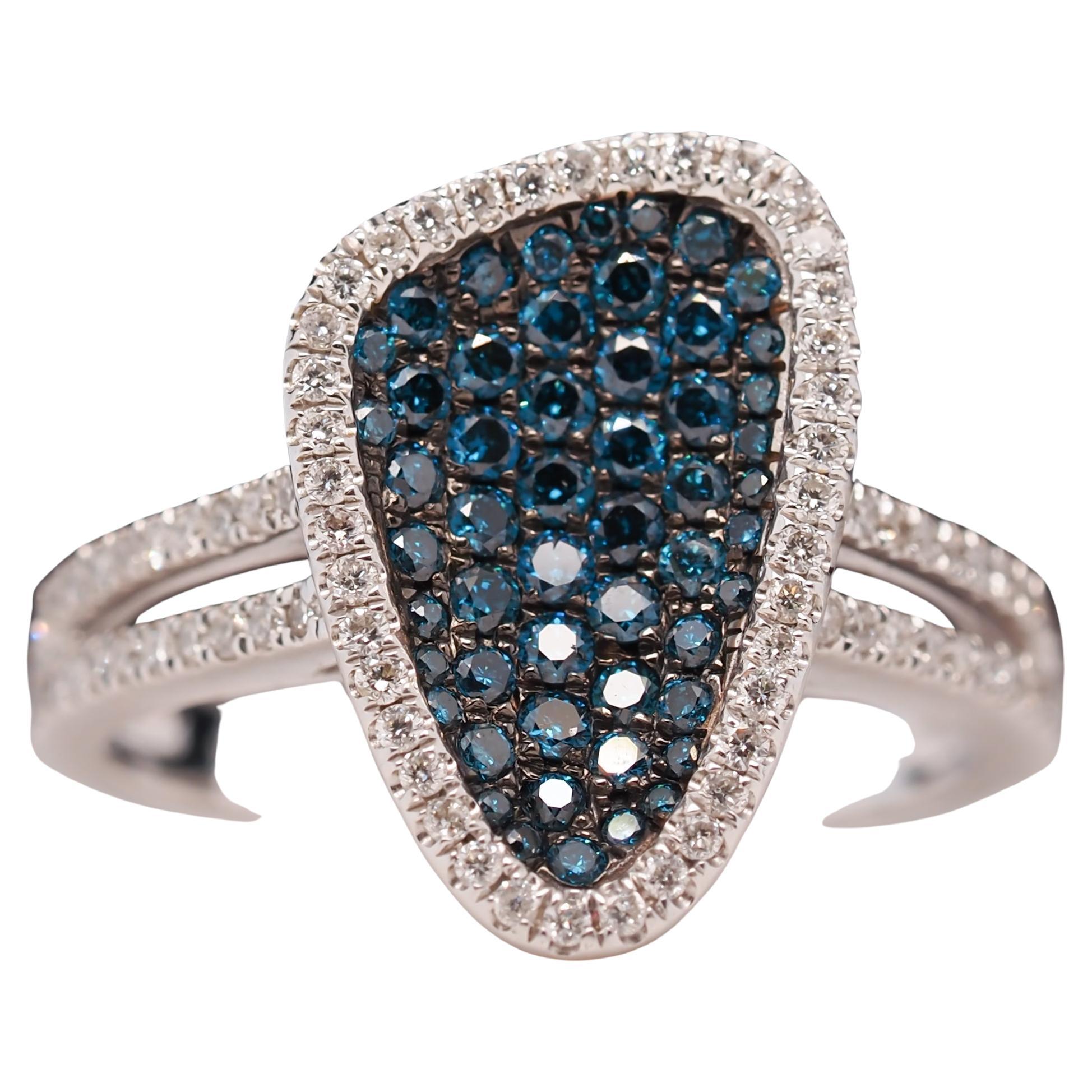 14 Karat Yellow Gold Contemporary Abstract Blue and White Diamond Cocktail Ring For Sale