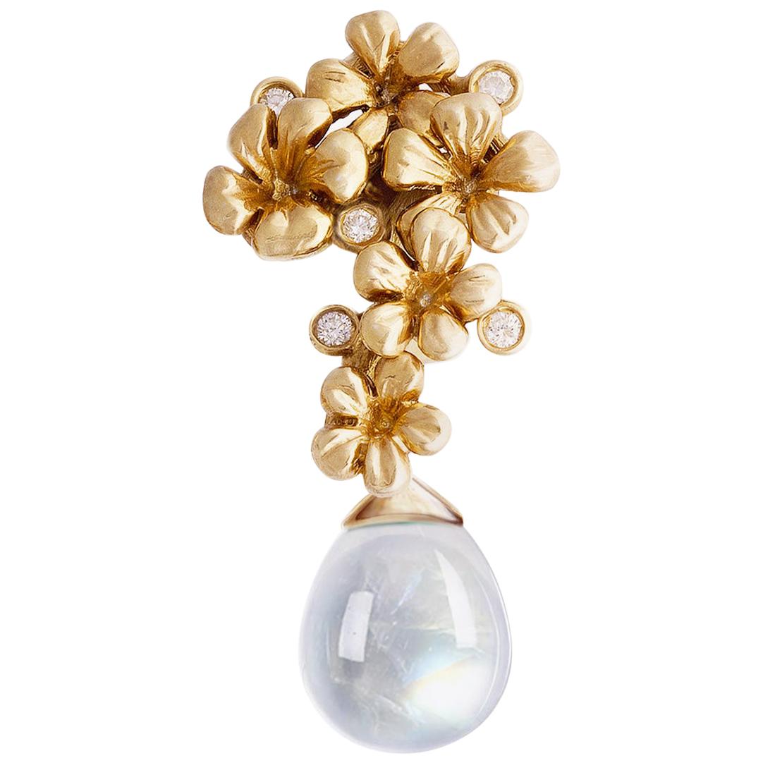 Yellow Gold Contemporary Brooch with Diamonds and Detachable Moonstone For Sale
