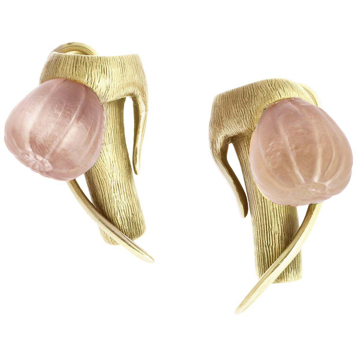 Eighteen Karat Yellow Gold Contemporary Cocktail Fig Earrings With Pink Onyx For Sale