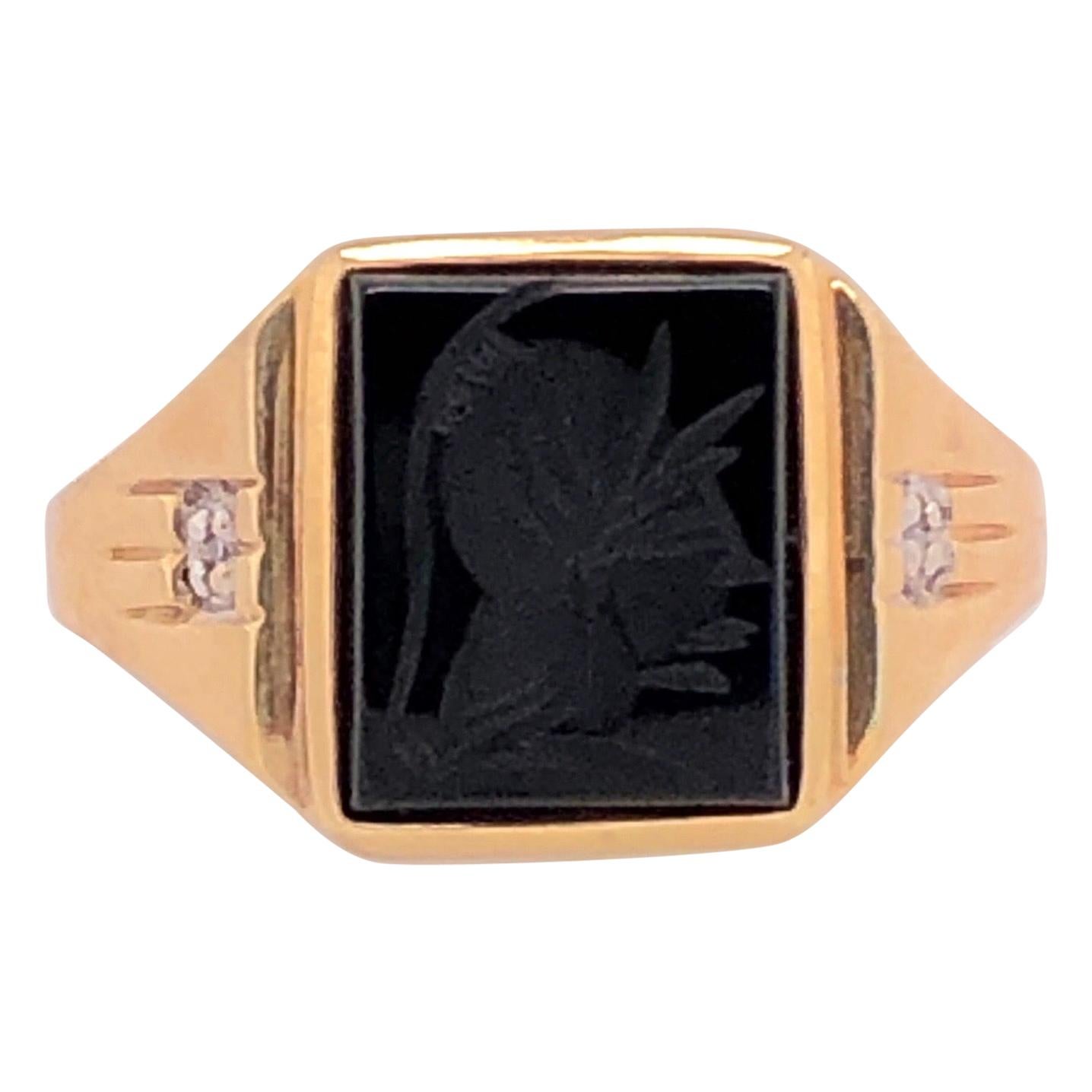 14 Karat Yellow Gold Contemporary Onyx Square Ring with Diamond Accents For Sale