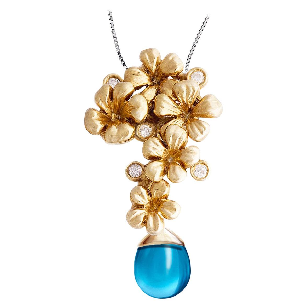 Yellow Gold Contemporary Pendant Necklace with Diamonds and Topaz For Sale