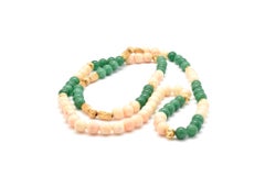 14 Karat Yellow Gold, Coral and Green Jade Bead Necklace