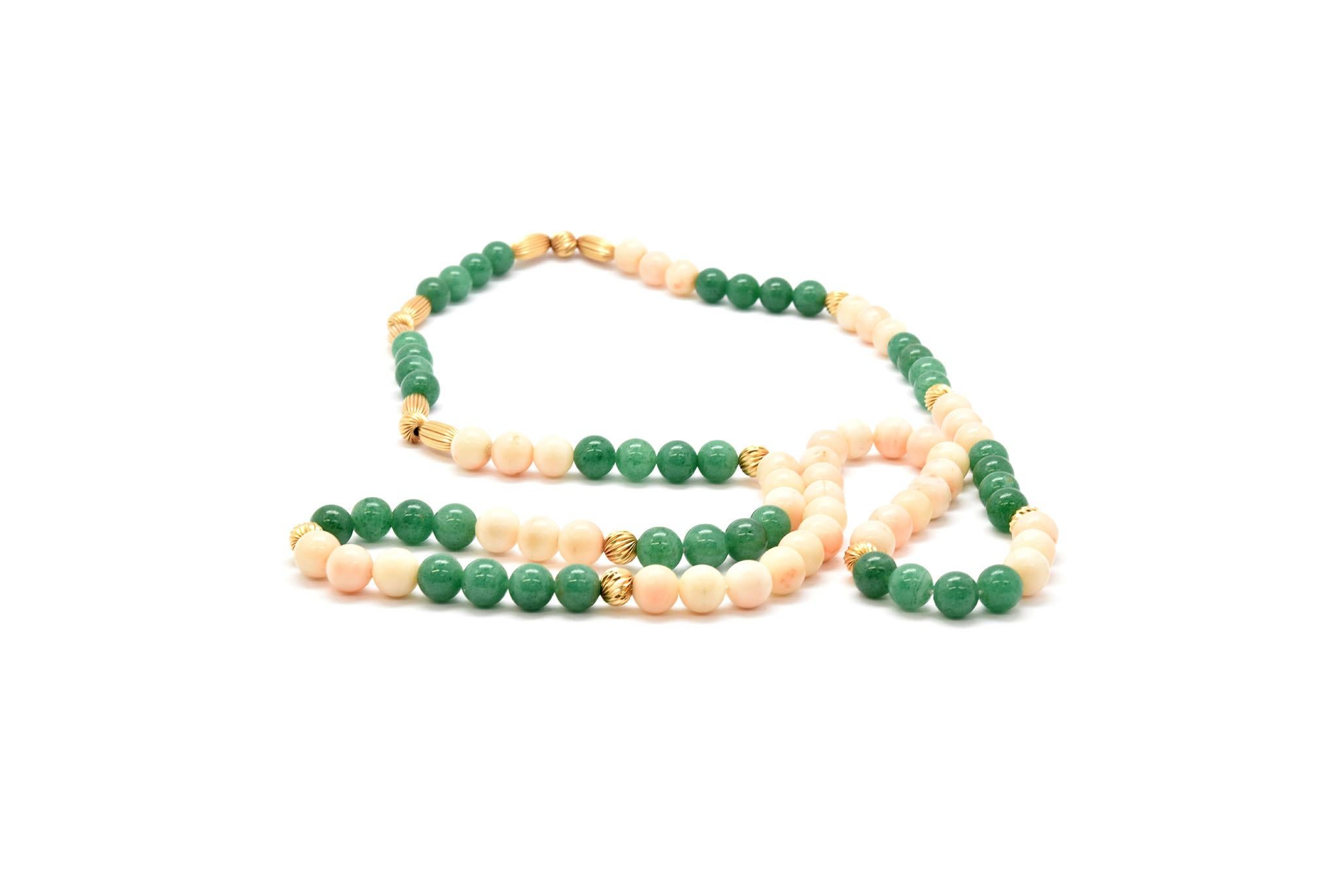 Contemporary 14 Karat Yellow Gold, Coral and Green Jade Bead Necklace