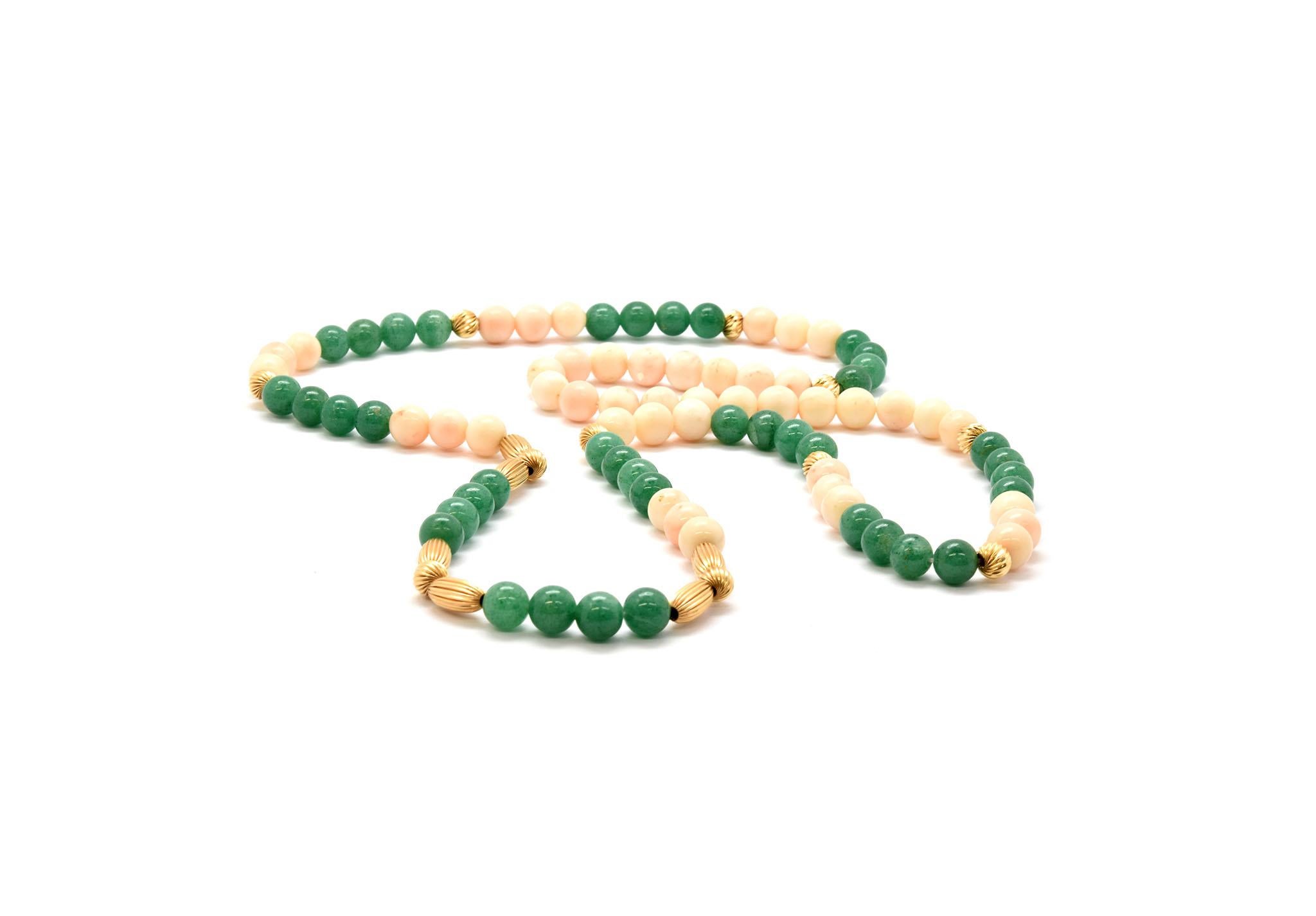 Round Cut 14 Karat Yellow Gold, Coral and Green Jade Bead Necklace
