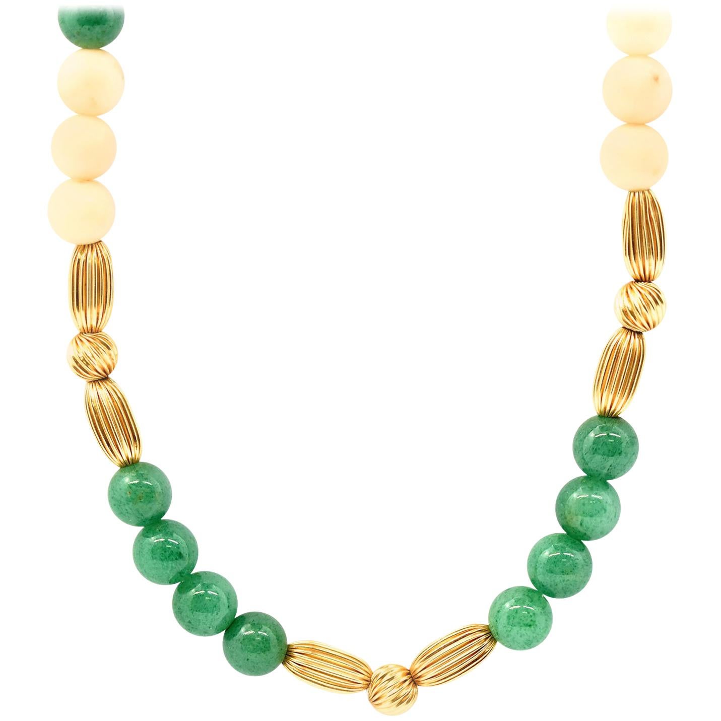 14 Karat Yellow Gold, Coral and Green Jade Bead Necklace