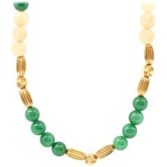 14 Karat Yellow Gold, Coral and Green Jade Bead Necklace