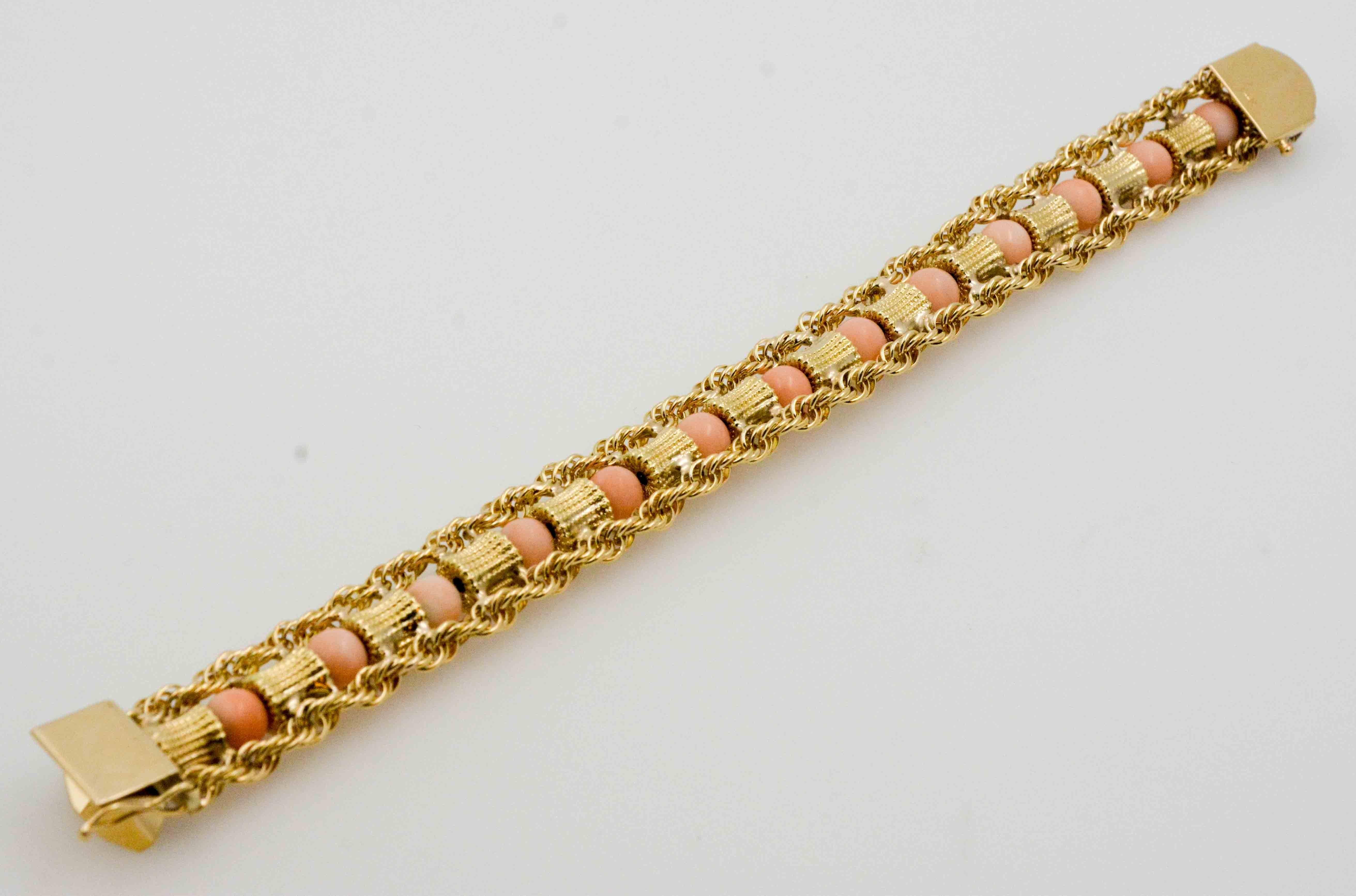 Modern 14 Karat Yellow Gold Coral Bead Bracelet
