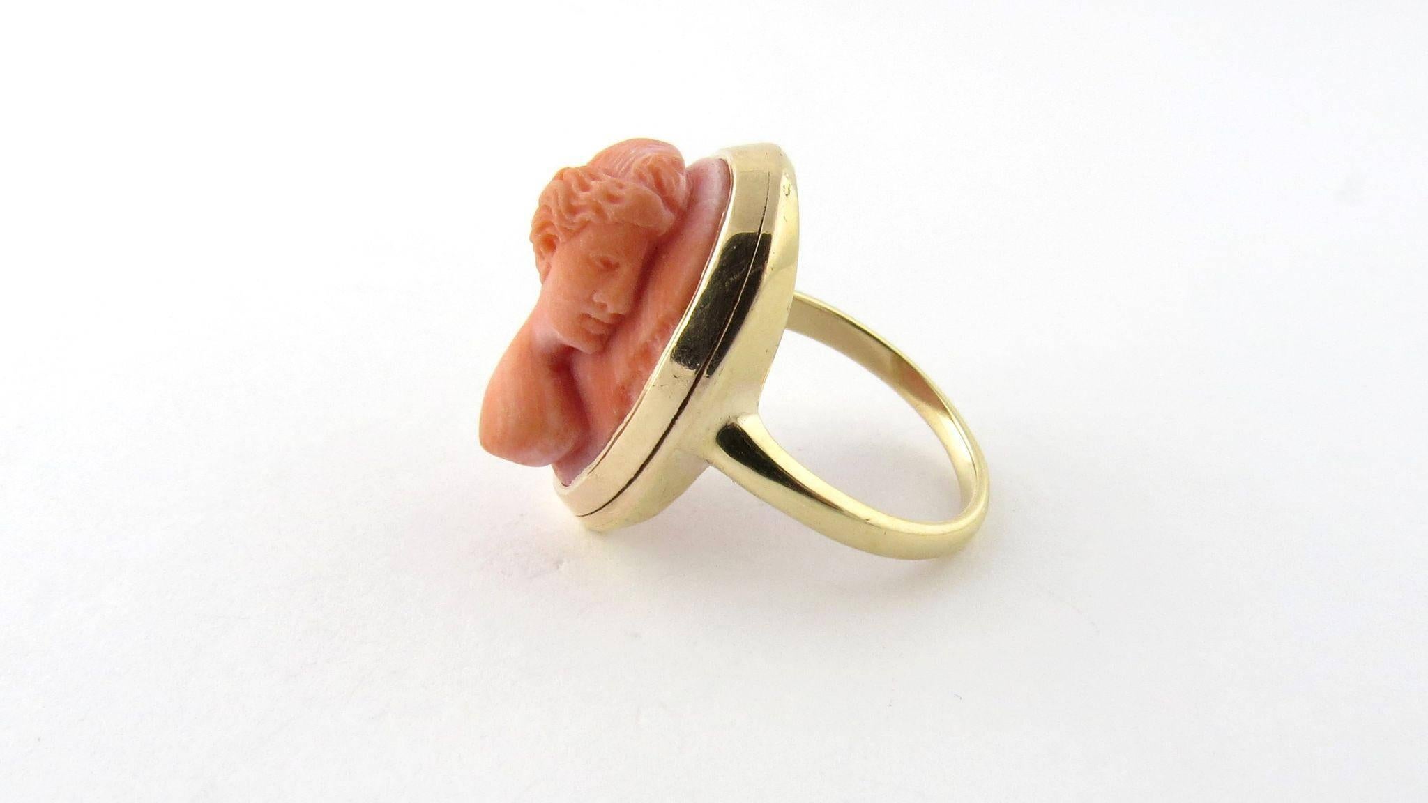 Round Cut 14 Karat Yellow Gold Coral Cameo Ring For Sale