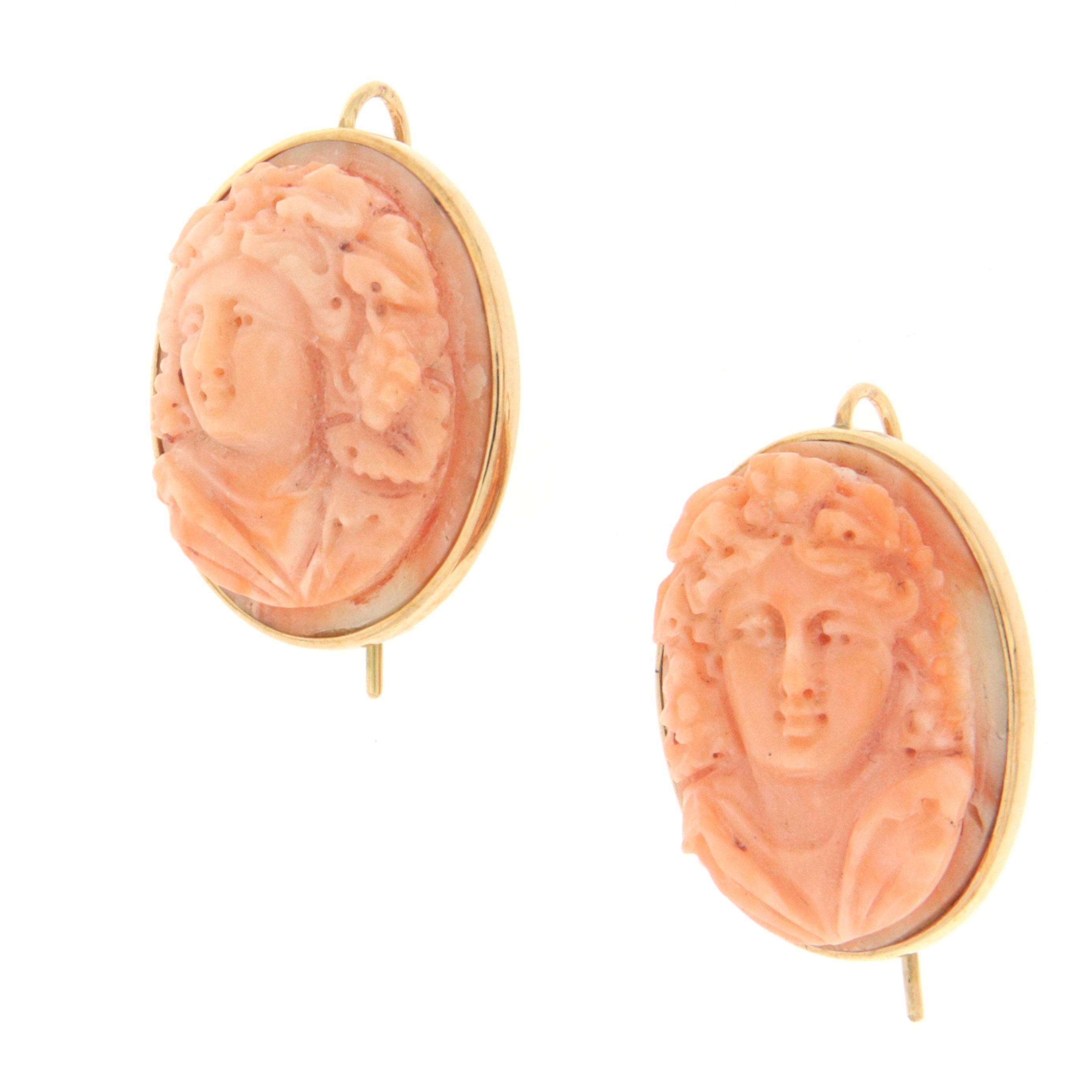 Artisan 14 Karat Yellow Gold Coral Drop Earrings For Sale