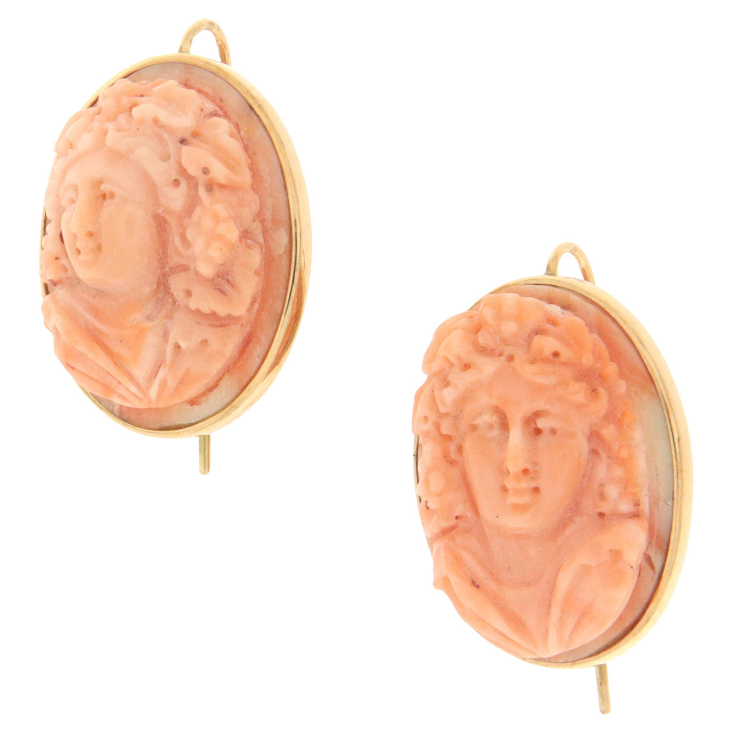 14 Karat Yellow Gold Coral Drop Earrings For Sale