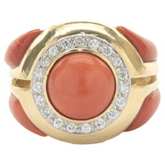 14 Karat Yellow Gold Coral Inlay and Diamond Ring