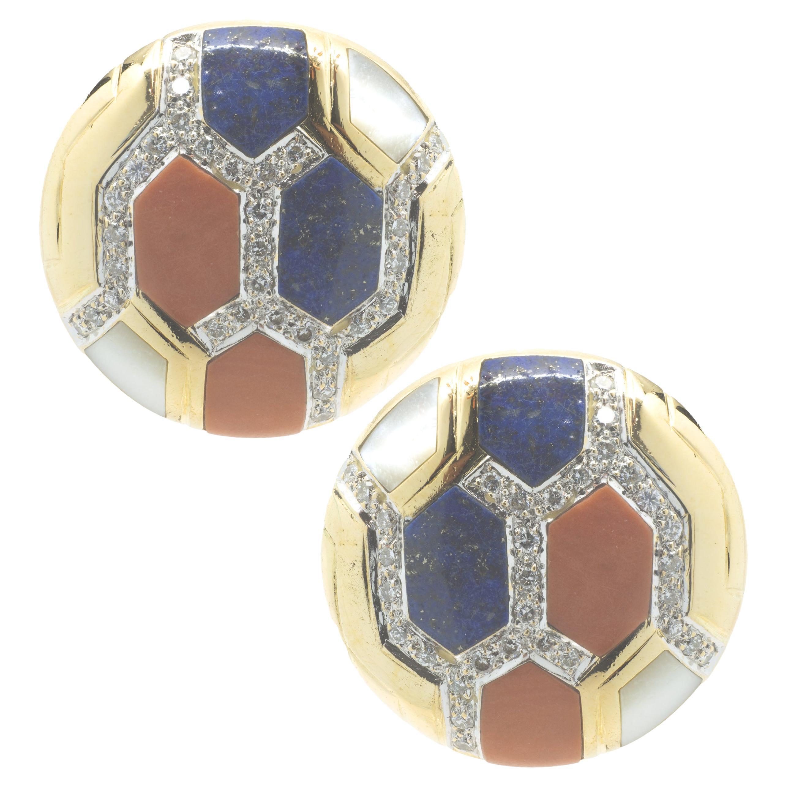 18 Karat Yellow Gold Coral, Mother of Pearl, Lapis and Diamond Disc Earrings For Sale