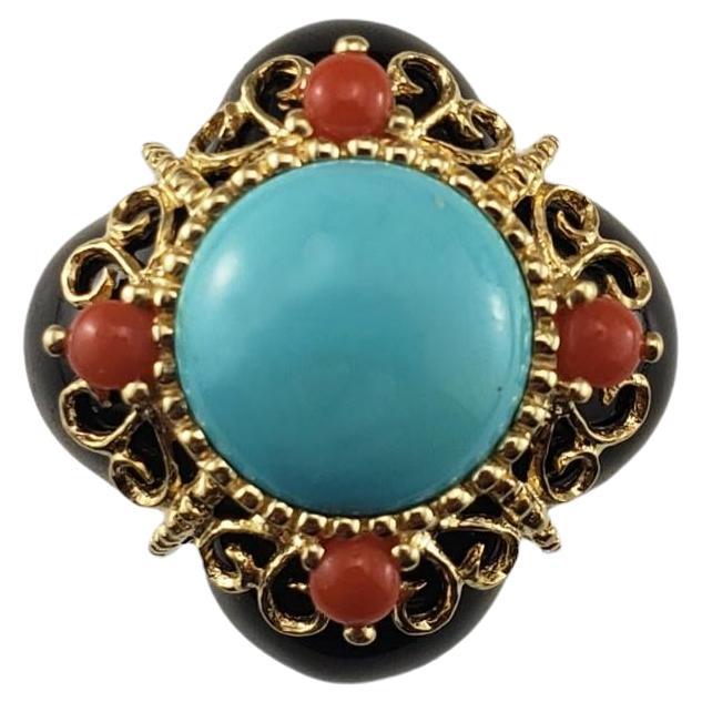 14 Karat Yellow Gold Coral, Onyx and Turquoise Ring Size 9.25 #18351