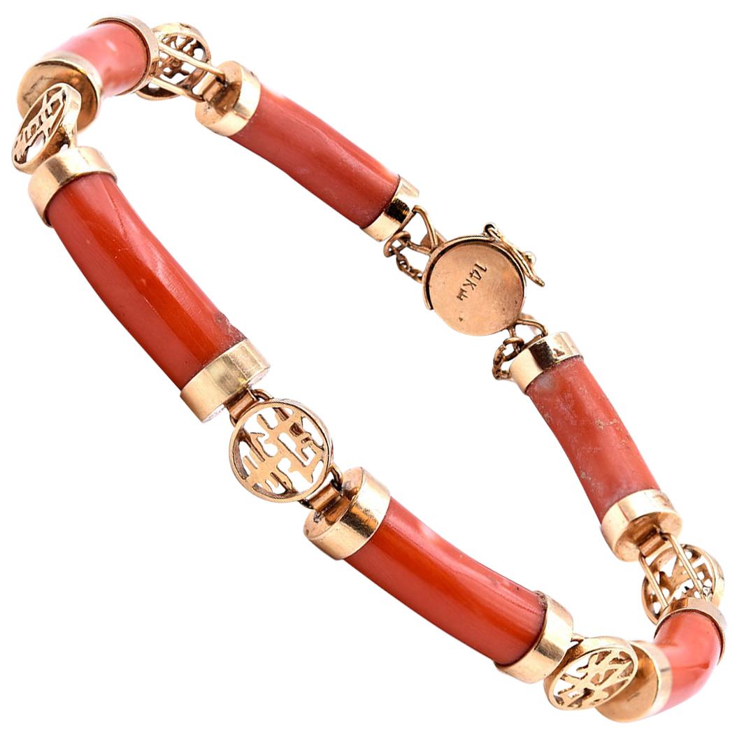 14 Karat Yellow Gold Coral Station Bracelet