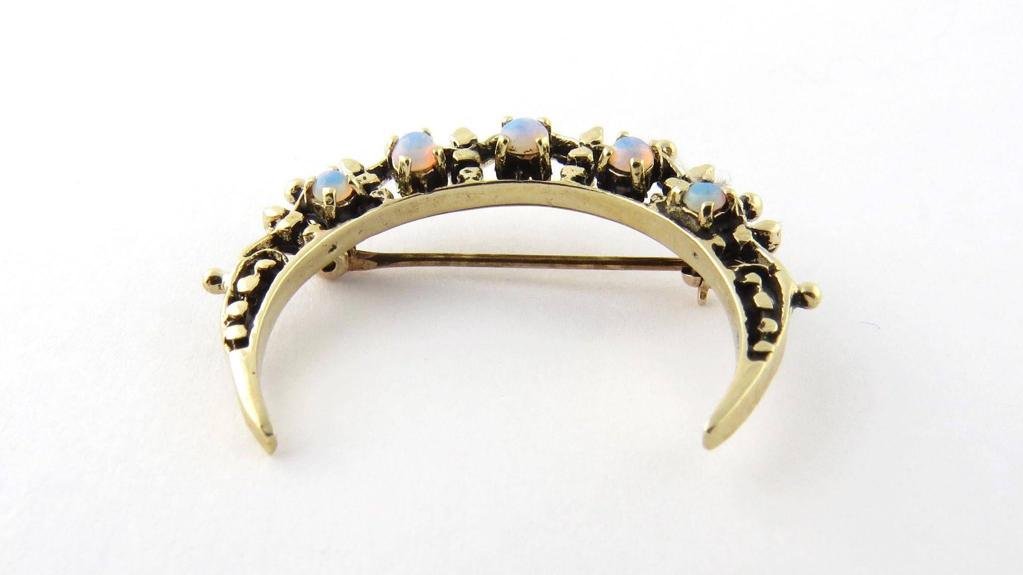 Vintage 14K Yellow Gold Crescent Moon Opal Pin Brooch 

This pin contains 5 round fiery opals 2.5 mm - 2.8 mm, 

prong set 1 1/4