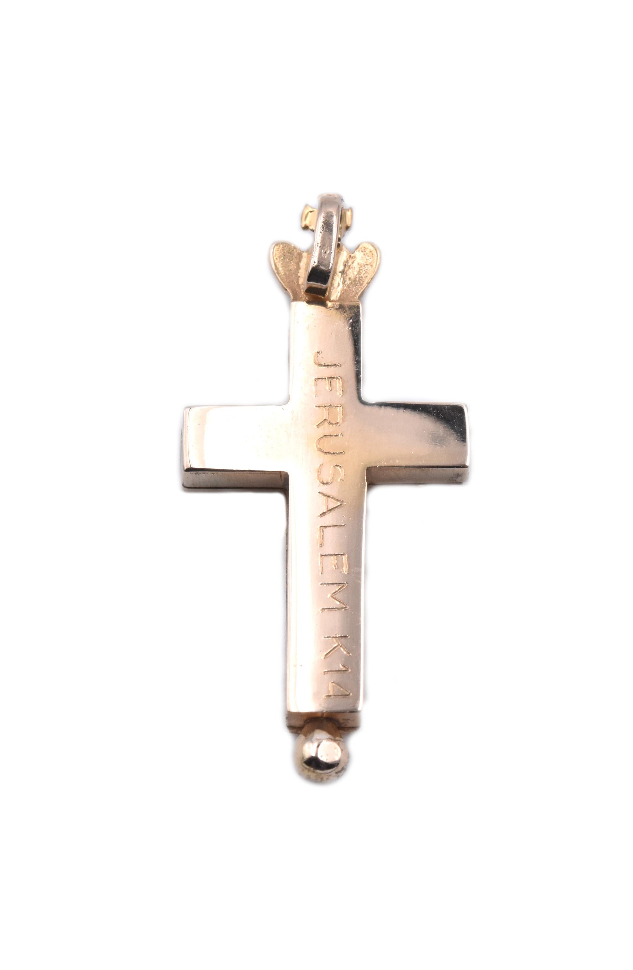 Women's or Men's 14 Karat Yellow Gold Cross Pendant Engraved “Jerusalem”