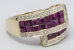 14 Karat Yellow Gold Crossover Ruby and Diamond Fashion Ring