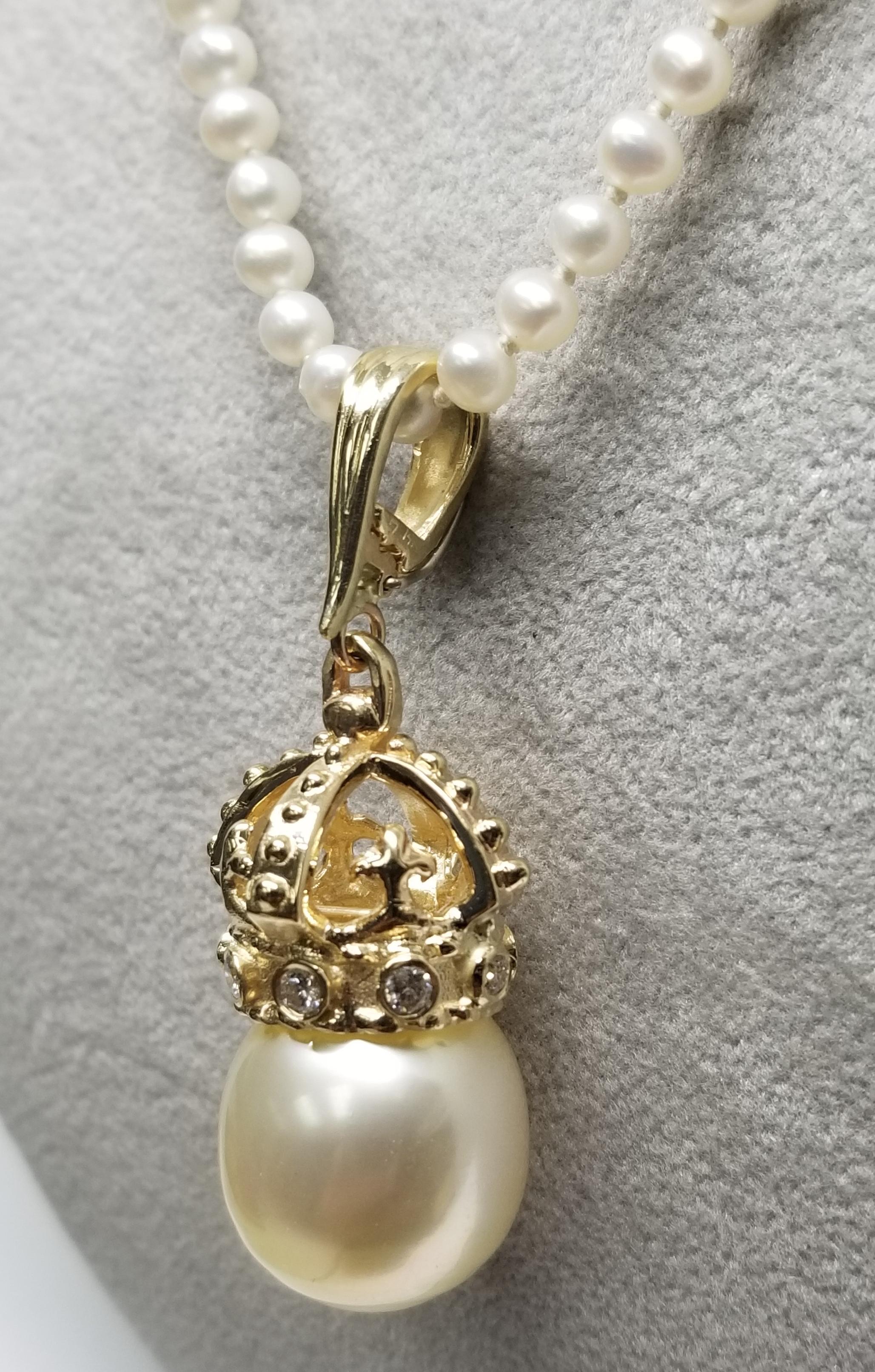 Artisan 14 Karat Yellow Gold Crown with Diamonds and South Sea Pearl Enhancer For Sale