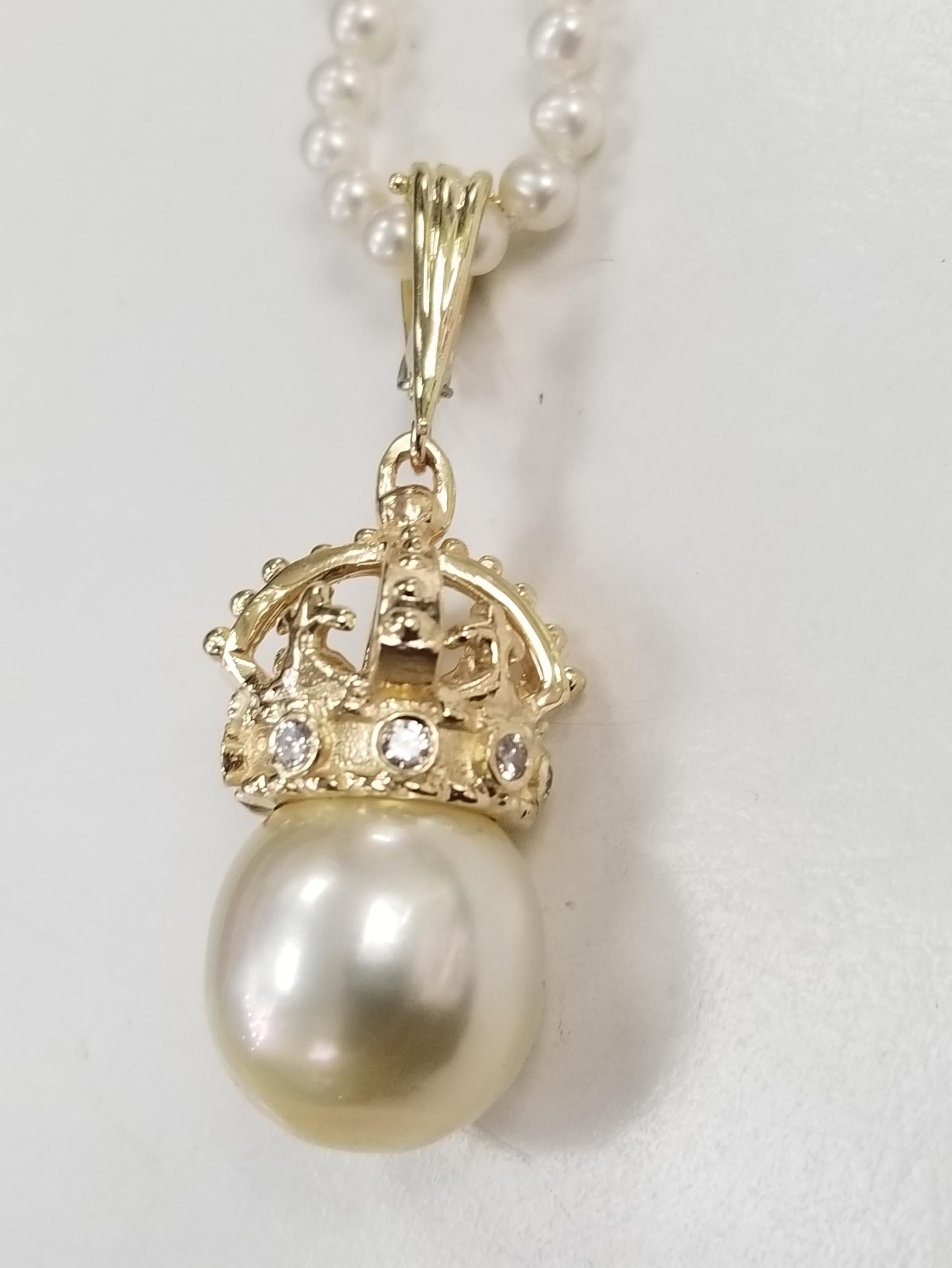 Women's or Men's 14 Karat Yellow Gold Crown with Diamonds and South Sea Pearl Enhancer For Sale