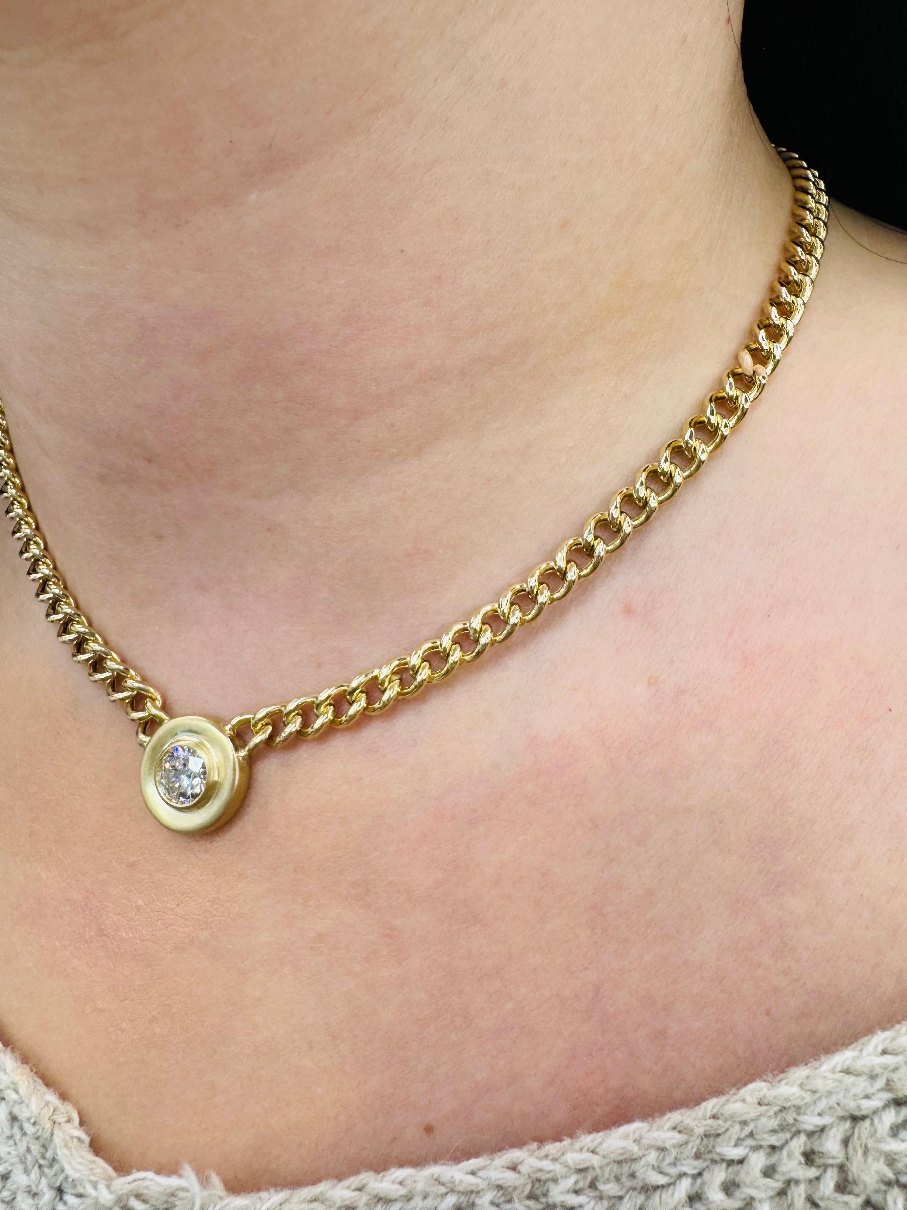 Women's or Men's 14 Karat Yellow Gold Cuban Link Diamond Pendant Necklace 1.11 Carats  For Sale