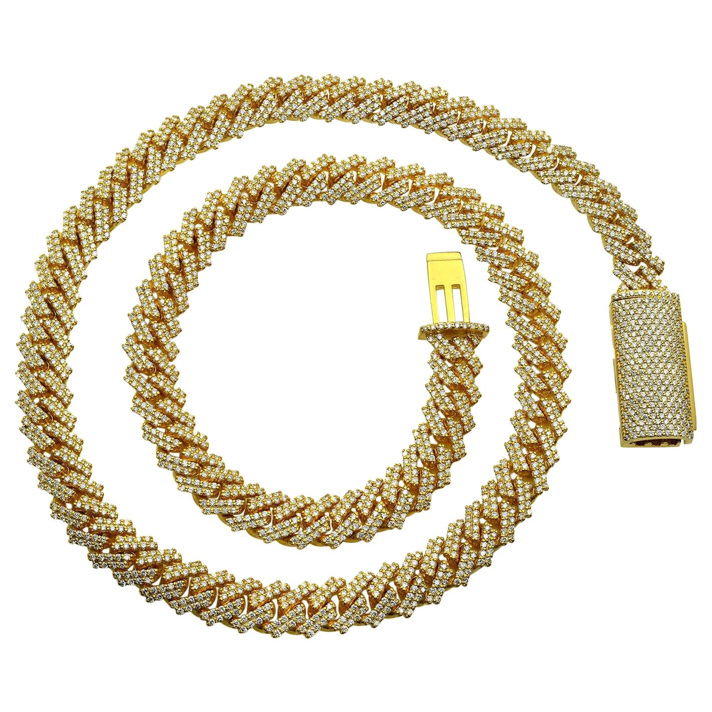 Collier unisexe en or jaune 14 carats à maillons cubains pavés de diamants 15,66 carats