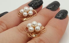 14 Karat Yellow Gold Cultured Akoya Pearl Cluster Flower Stud Earrings