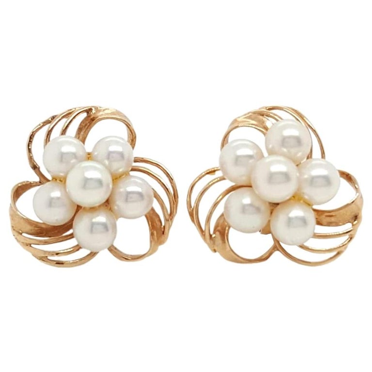 14 Karat Yellow Gold Cultured Akoya Pearl Cluster Flower Stud Earrings