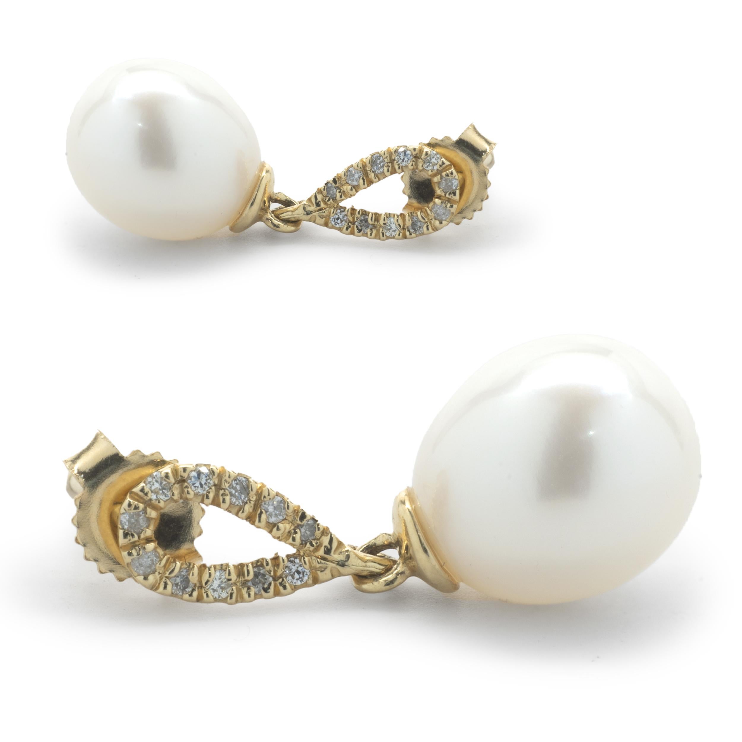 Round Cut 14 Karat Yellow Gold Cultured Freshwater Pearl and Diamond Drop Earrings