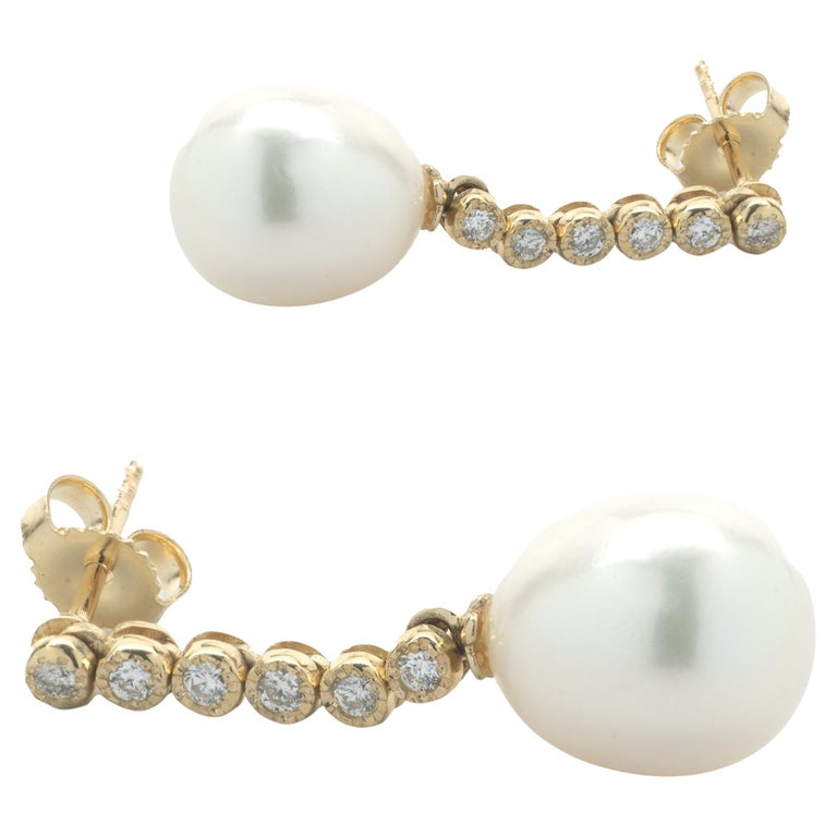 14K Gold Cultured Pearl Rose Drop Earrings With Crystals