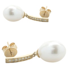14 Karat Yellow Gold Cultured Freshwater Pearl and Diamond Drop Earrings