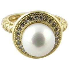 14 Karat Yellow Gold Cultured Pearl and Diamond Ring