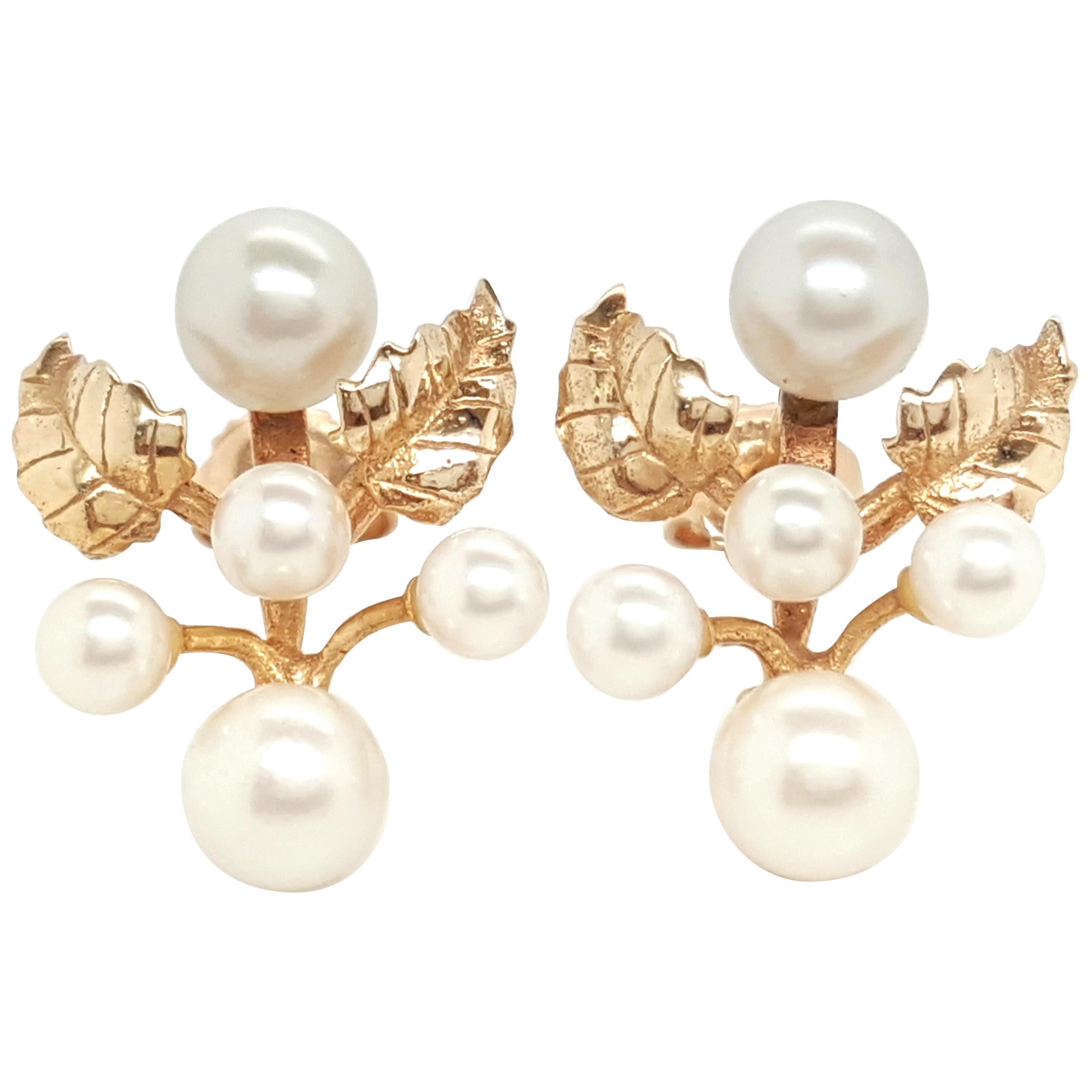 14 Karat Yellow Gold Cultured Pearl Cluster Grapevine Earrings For Sale